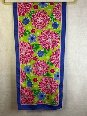Lilly Pulitzer Blue with Pink Floral Rectangular Silk Scarf 13"x 55.5" NWOT